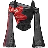Women's Y2K 2 in 1 Off Shoulder Tops Tie Dye Floral Sheer Mesh Ruched Bell Sleeve Crop Tank Top Asymmetrical T Shirts
