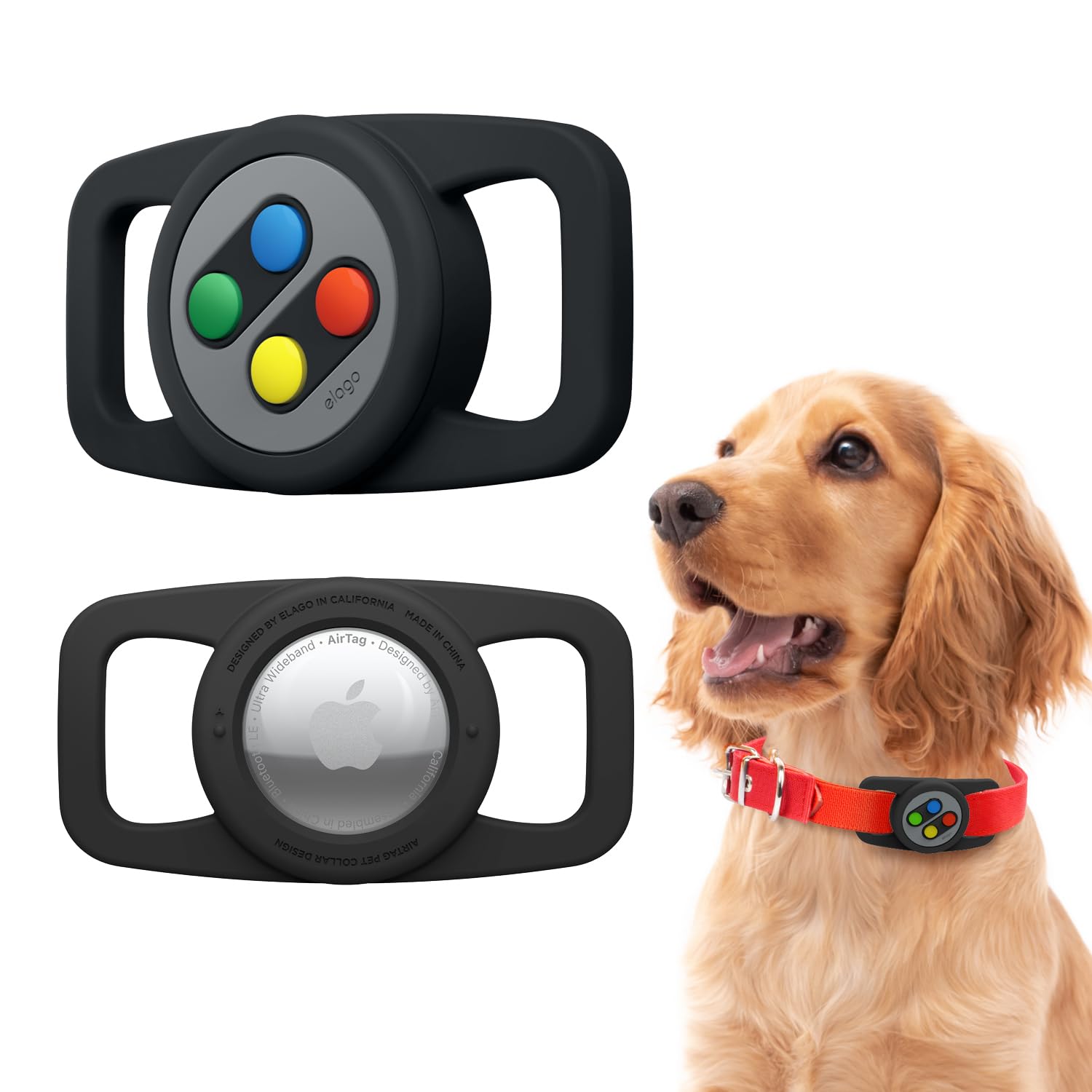 elago Pet Collar W5 Case Compatible with Apple AirTag 2 (2026) & 1, Cute Designed Holder for Dog Cat Collar Loop Harness, Premium Silicone Protective Cover [Tracking Device Not Included] (Black)