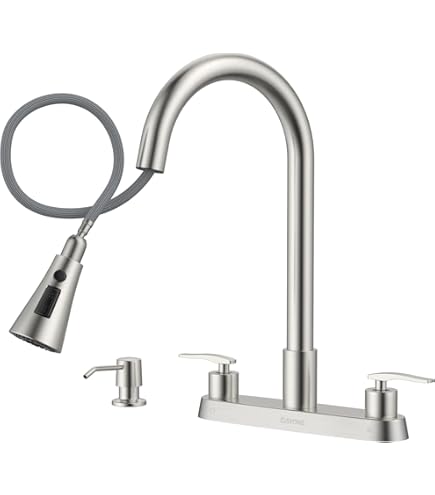 GOWIN Robinet De Cuisine Avec Pulvérisateur, Robinet De Cuisine Noir à 4 Trous, Robinet D'évier De Cuisine à 2 Poignées à Arc élevé, Robinets De Cuisine Pour évier De Cuisine à 3