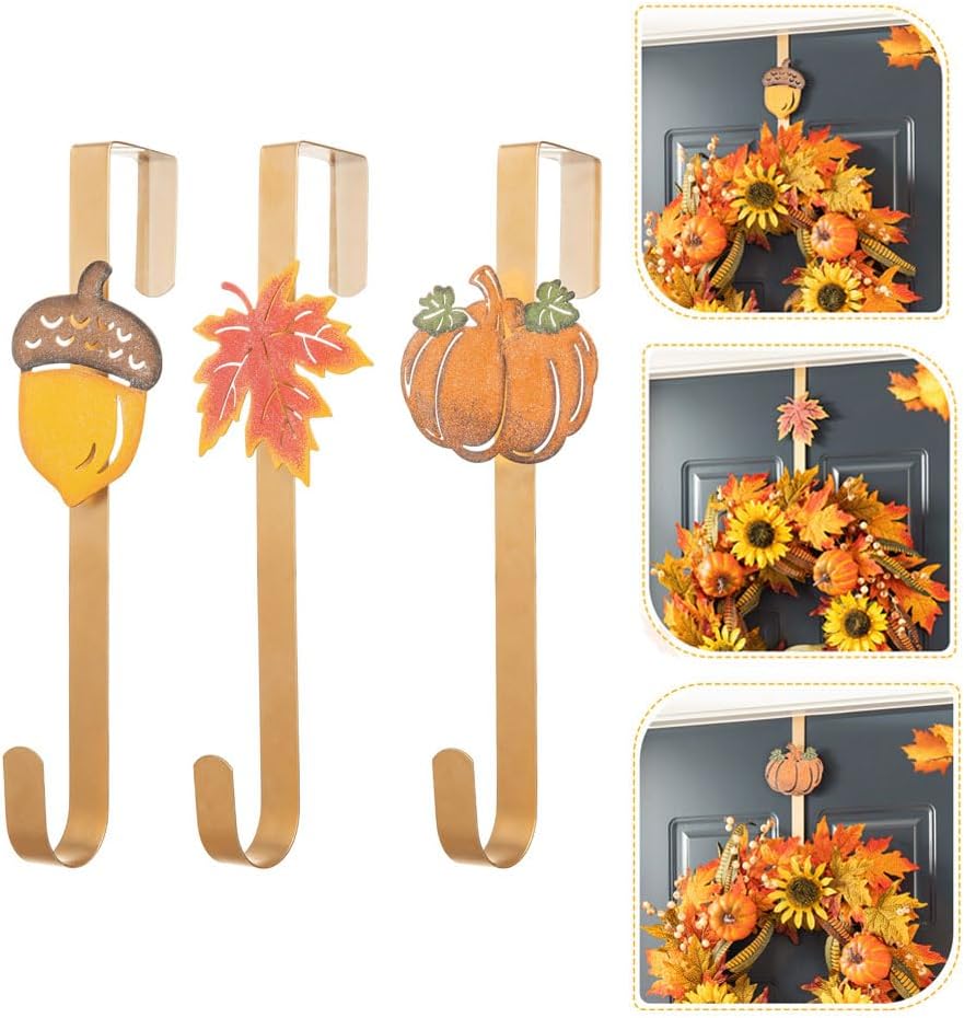 Wreath Hangers - glitzhome 3Pack Glitter Acorn with Leaf Pumpkin Wreath Hangers for Front Door, Fall Decoration Metal Over The Door Single Wreath Hook Ornament Door Wreath Hanger, Door Hanger for Wreath Front Door