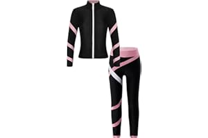 Hansber Kid Girls Figure Skating Long Sleeve Jacket with Pants Set 2 Piece Gym Workout Running Yoga Training Set