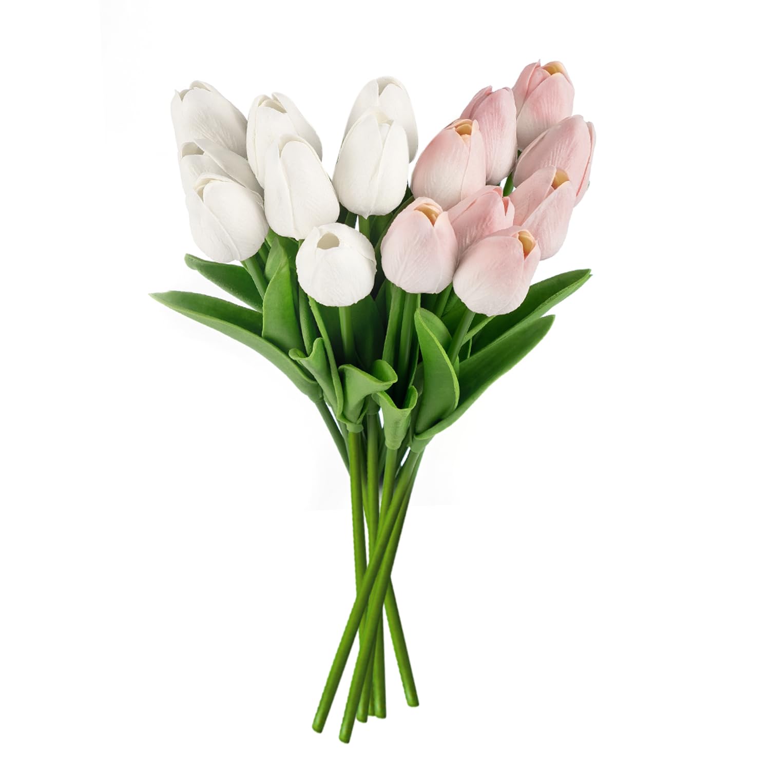 KVBUCC 16 Pieces Artificial Tulips, Artificial Tulip Bouquet, Wedding Flower Arrangement Decoration, Decoration for Home, Garden (White, Light Pink)