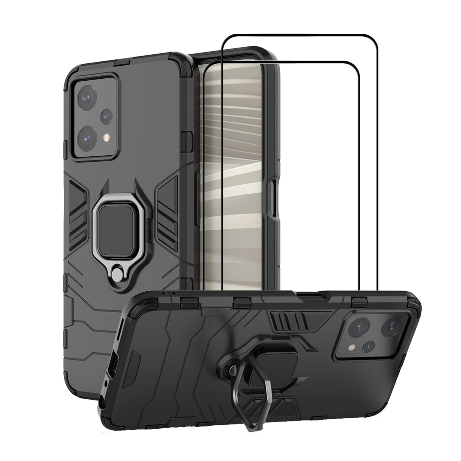 MMlife for OnePlus Nord CE 2 Lite 5G Kickstand Case with Screen Protector Tempered Glass [2 pieces], Hybrid Heavy Duty Armor Dual Layer Anti-Scratch Case Cover, Black