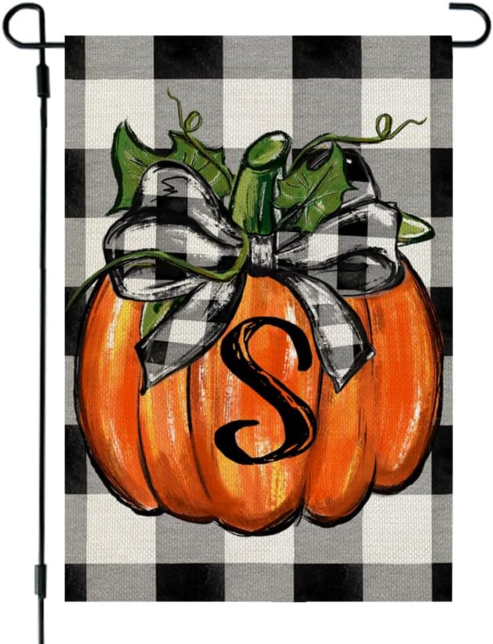 Flags - CROWNED BEAUTY Fall Pumpkin Monogram Letter S Garden Flag 12x18 Inch Double Sided Burlap Plaid Small Family Last Name Initial Yard Decoration CF1131-12