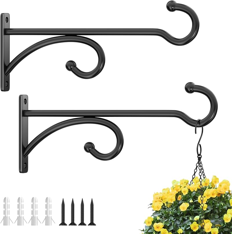 Pickpiff 2 Pcs 8-Inch Planter Hooks Indoor Outdoor Wall Mounts Black Metal