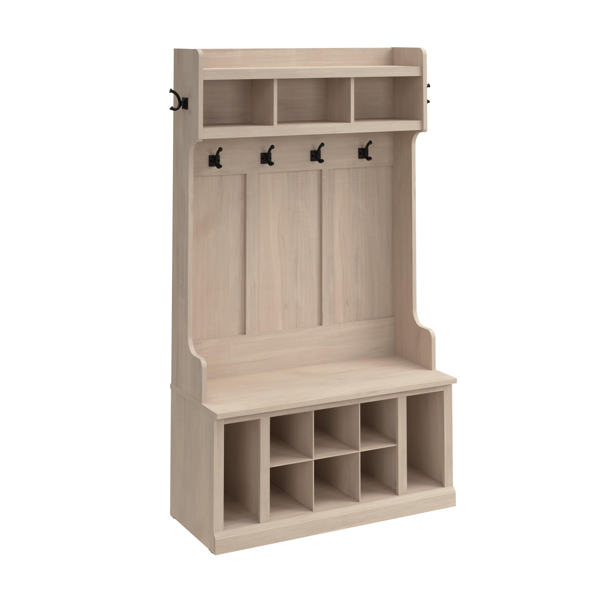 Photo 1 of ***SEE CLERK COMMENTS*** Bush Furniture Woodland 40W Hall Tree and Shoe Storage Bench with Shelves in White Washed Maple | Foyer, Mudroom, Entryway Organizer