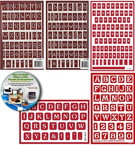 Multi Font Letter Stencil (5) Pack , Includes Alphabet & Numbers, Over N Over Reusable + How to Etch CD