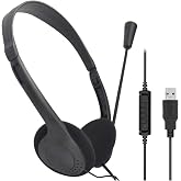 CALIDAKA USB Headset with Microphone, Lightweight PC Headphones for Business, Online Courses, Skype Chat, Call Center, Gaming, Noise Reduction