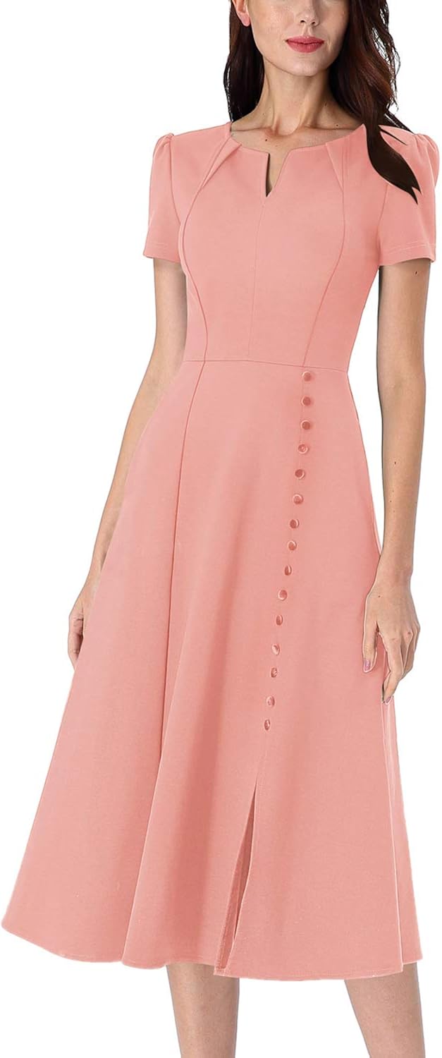 VFSHOW Women Pleated Neck Pockets Buttons Work Office Business A-Line Midi Dress