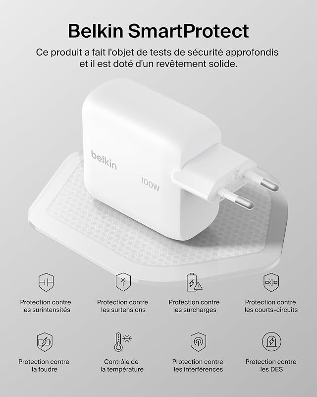 BoostCharge Chargeur Secteur USB-C, Recharge Rapide GaN 100 W, Pour iPhone 17, Samsung Galaxy S26, Pixel 10, AirPods, Tablette, MacBook, Câble USB-C 1,5 m Inclus, Indispensable De Voyage, Blanc