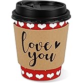 JarThenaAMCS 50 Pack Valentine's Day Disposable Coffee Cups with Lids Sleeves 8oz Small Paper Cups Red White Love Heart Drinking Cup for Wedding Anniversary Mother's Day Party Supplies