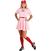 A League Of Their Own Dottie Costume For Adults | Pink Vintage Baseball Dress With Hat, Belt, Numbers, And Socks