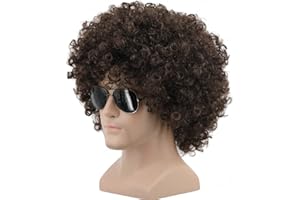 yuehong Short Fluffy 70s 80s Disco Afro Wigs Synthetic Anime Cosplay Fancy Funny Wigs for Unisex Men Women (Dark Brown)