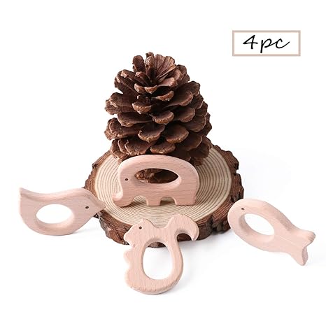 Best for baby 4PC Baby Teether Geschenk Montessori Spielzeug Holz Vogel Elefant Eichhörnchen Fisch Handgefertigt Anhänger