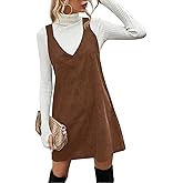 Koinshha Women V Neck Corduroy Overall Dress Casual Loose Short Pinafore Dresses Cute Mini Jumper Dress