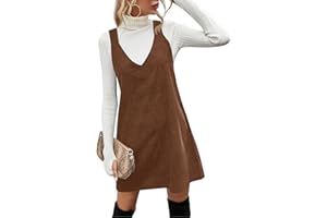 Koinshha Women V Neck Corduroy Overall Dress Casual Loose Short Pinafore Dresses Cute Mini Jumper Dress