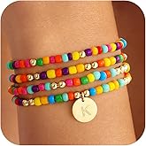 GWH 4PCS Colorful Beaded Initial Bracelets for Women Girls - Cute Stretch Beaded Bohemian Disc Initial A-Z Stackable Bracelets Jewelry Birthday Gifts for Women Teen Girls