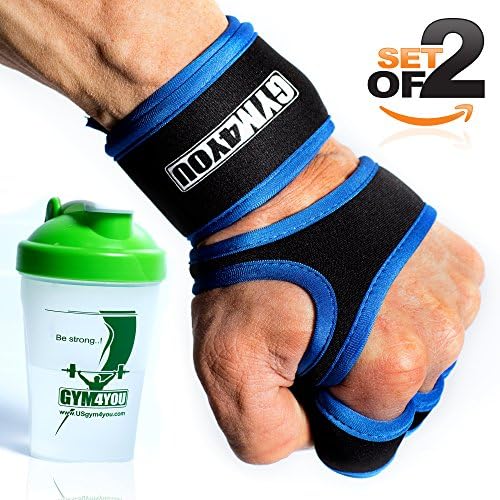 Gym4You Fitness Grips – with BONUS SHAKER - Ideal Weight Lifting Gloves for Gym, Workout or CrossFit – Leather Padding for best palm protection – BONUS E-BOOK - (blue, L)