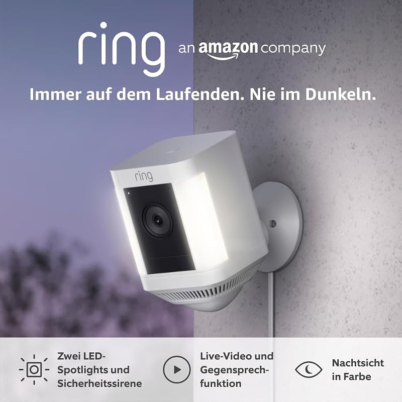 Spotlight Kamera Plus Netzstecker (Spotlight Cam Plus) | Überwachungskamera aussen mit WLAN, HD-Video, LED-Strahler, Nachtsicht, Bewegungserfassung & Sirene | Alexa-kompatibel