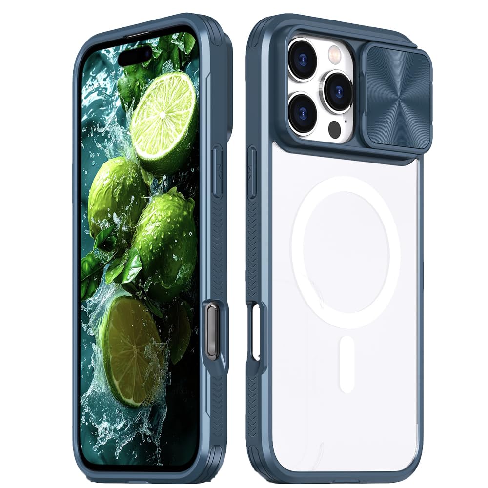 Rdyi6ba8 for iPhone 16 Pro Case, Clear with Magnetic Camera Cover Protection [Anti-Yellowing] PC + TPU Shockproof Phone Case for iPhone 16 Pro - Blue