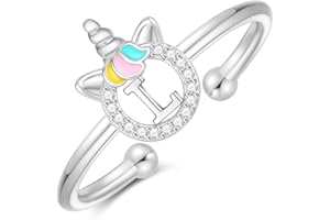 CIVOKINA Dainty Initial Unicorn Rings for Girls Gifts, 14K Gold Plated/Rose Gold/Silver Unicorn Rings for Girls Cute Initial Toddler Ring Hypoallergenic Adjustable Letter Rings for Teen Girls Gifts