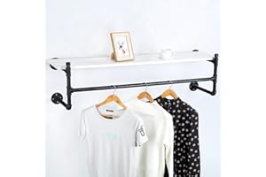 JIANZHUO Industrial Pipe Clothing Rack Wall Mounted with Wood Shelf,Rustic Retail Garment Rack Display Rack Cloths Rack,Pipe Shelving Floating Shelves