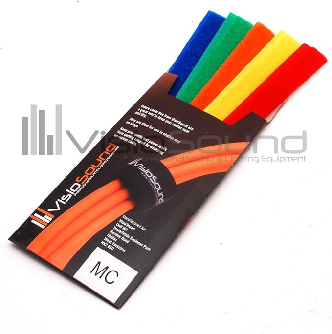 VisioSound 20cm Reusable Velcro Audio Cable Ties Black/MultiColoured