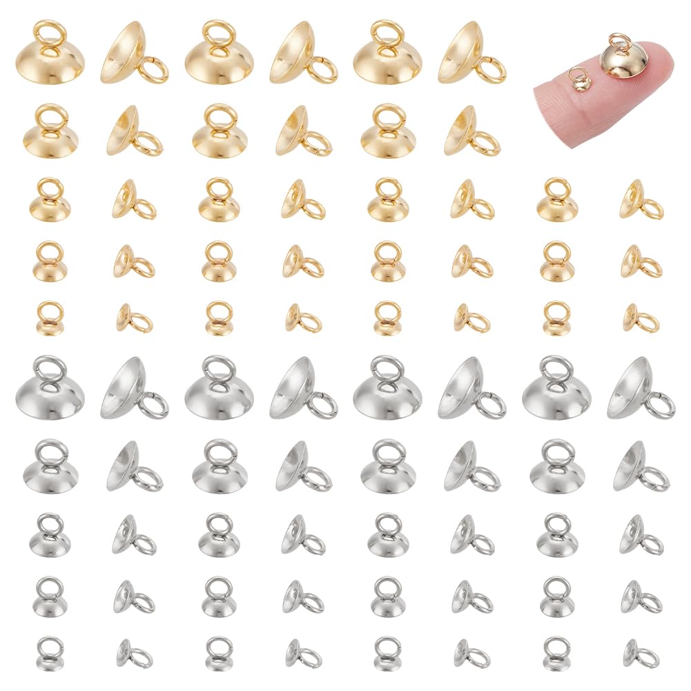 UNICRAFTALE About 100pcs 5 Sizes Stainless Steel Bead Cap Pendant Bail 2 Colors Round Bail Clasp Swing Charm Bead Connectors DIY