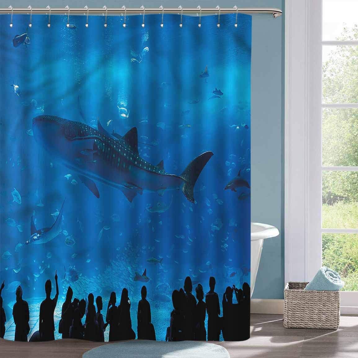 Cloth Shower Curtain Liner Shark Aquarium Park and People Bathtub Splash Guard W36 xL72