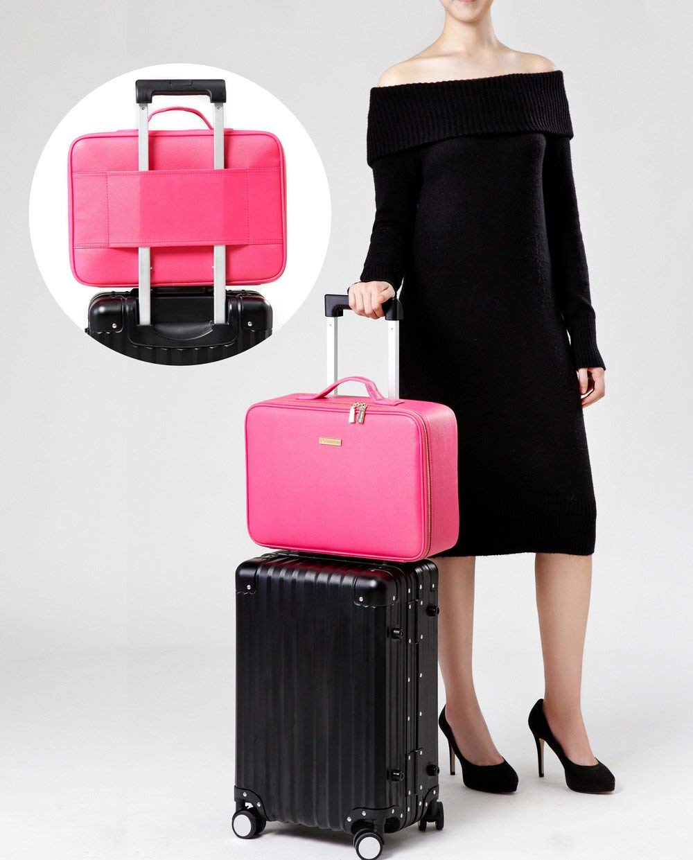 ROWNYEON Makeup Case Travel Makeup Bag Makeup Organizers Bag Makeup Train Case Professional Portable Cosmetic Bag for Women Waterproof PU Leather EVA Adjustable Dividers Gift for Girls Medium Pink : Beauty