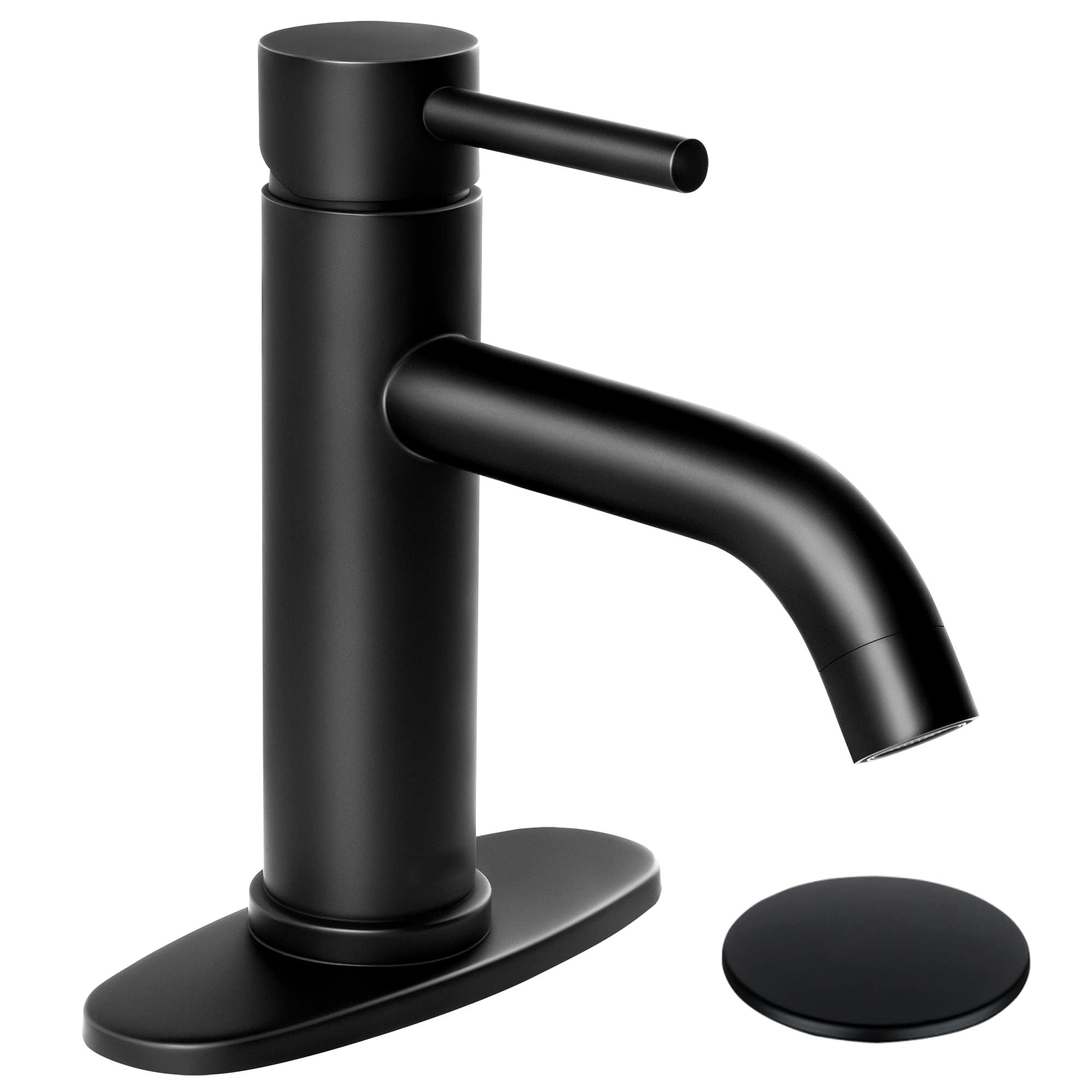 Photo 1 of SOKA Bathroom Sink Faucet Single Handle Stainless Steel Lavatory Commercial Bathroom Faucets Bathtub Basin Vanity Faucets with Deck Plate & Pop-Up Drain Assembly Fit for 1 & 3 Hole, Black