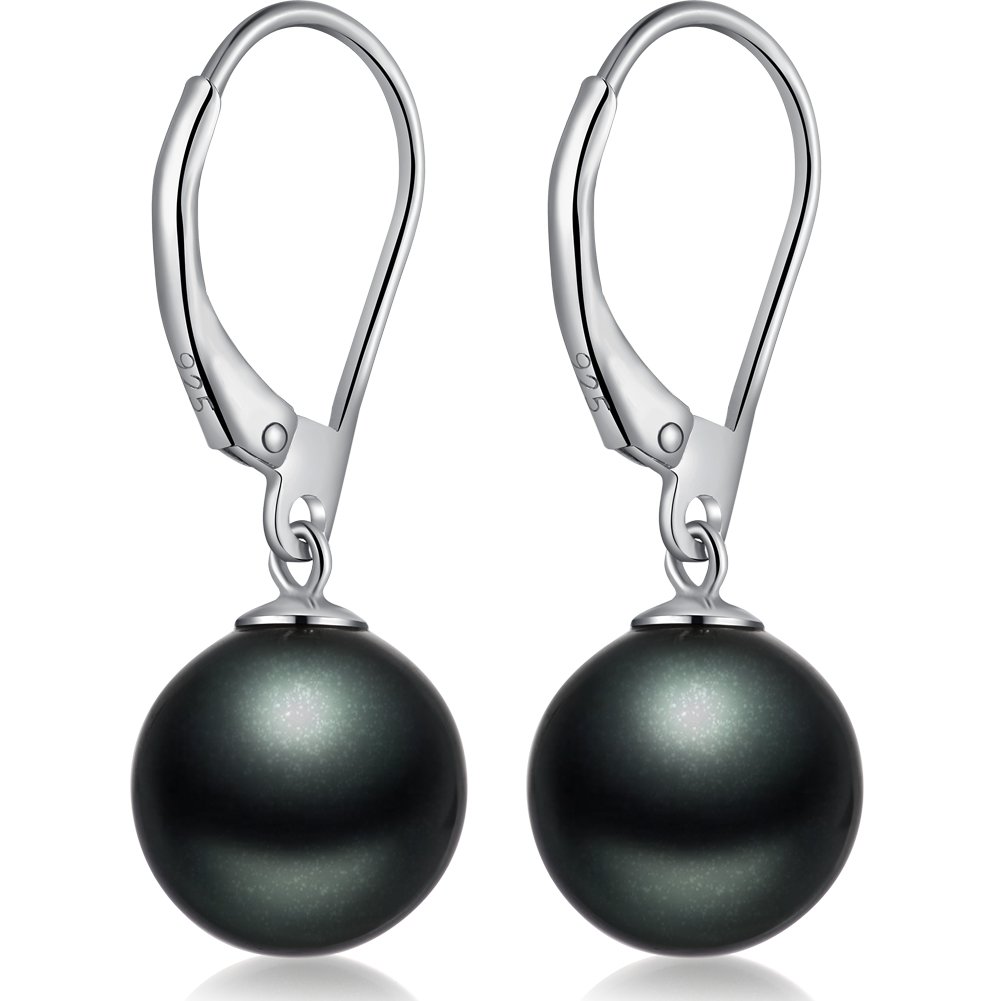 Black Pearl Earrings Sterling Silver Black Pearl Drop Earrings Women Black Dangle Pearl Earrings 10mm Black Faux Pearl Earrings Black Leverback Pearl Earrings Black Pearl Silver Earrings