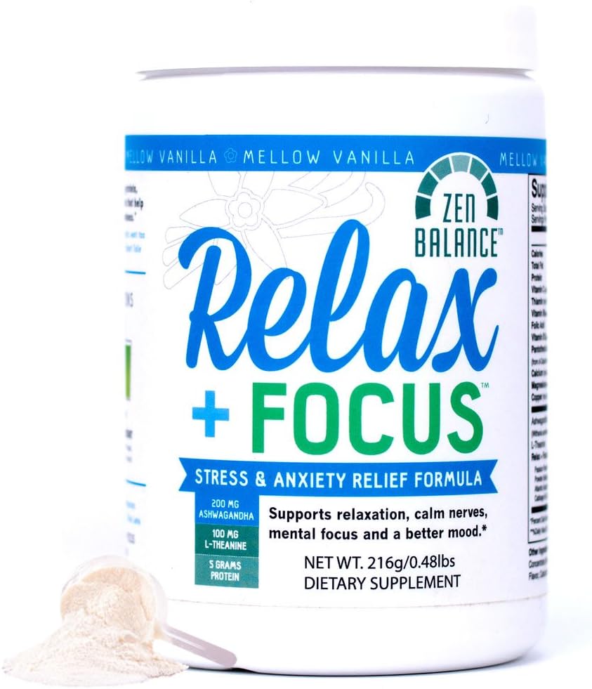 Relax + Focus Anxiety Relief - Stress Support Drink Powder Helps Mental Focus - Relaxation Supplement Blended with Herbs Vitamins Protein Powder Ashwagandha L-Theanine