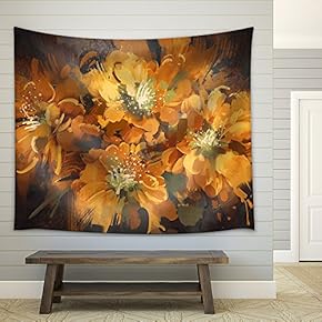 Illustration - Digital Painting of Colorful Abstract Flowers with Grunge Texture,Illustration - Fabric Wall Tapestry Home Decor - 51x60 inches