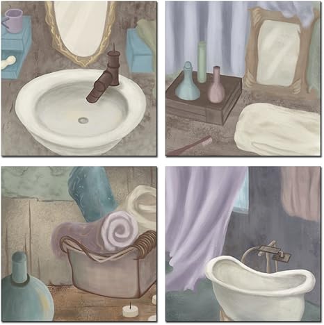 Amazon Com Sechars Bathroom Pictures Wall Decor Vintage Classic Elegant Bath Tub Art Prints Still Life Scenes Painting Giclee Artwork Stretched Framed Ready To Hang 12 X12 X4pcs Posters Prints