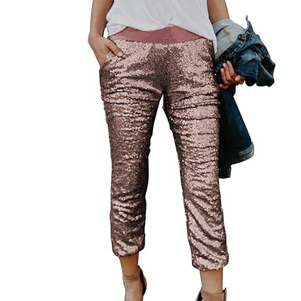 Emmala Frauen Frühling Hosen Herbst Pailletten Elegant Leggings Sweatshirts Modisch Glitzer Festlich Pants Mit Elastische Tai