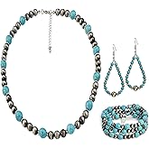 JMScape 4 PCS Western Turquoise Jewelry for Women Boho Vintage Navajo Pearl Necklace Earring Bracelet Ring Set Country Cowgirl Accessories for Gift