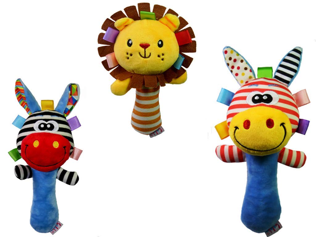 SKEIDO 3pcs/set Soft Baby Kid Toy Ring Bell BB Baby Plush Rattle Squeaker Early Educational Doll Rod Cute Cartoon Animal Musical Plush Toy