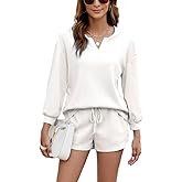 Lziizl Knitwear Sweaters Women Waffle Knit Pajamas Lounge Set 2 Piece Long Sleeve Top and Shorts Sweatsuit
