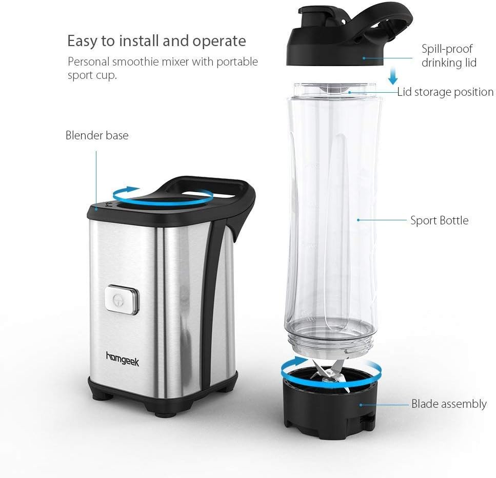 homgeek Personal Mini Blender Smoothie Maker for Juice Shakes and Smoothie,Portable Small Countertop Mixer with 600ml Travel Sport Bottle, 300W: Kitchen & Dining