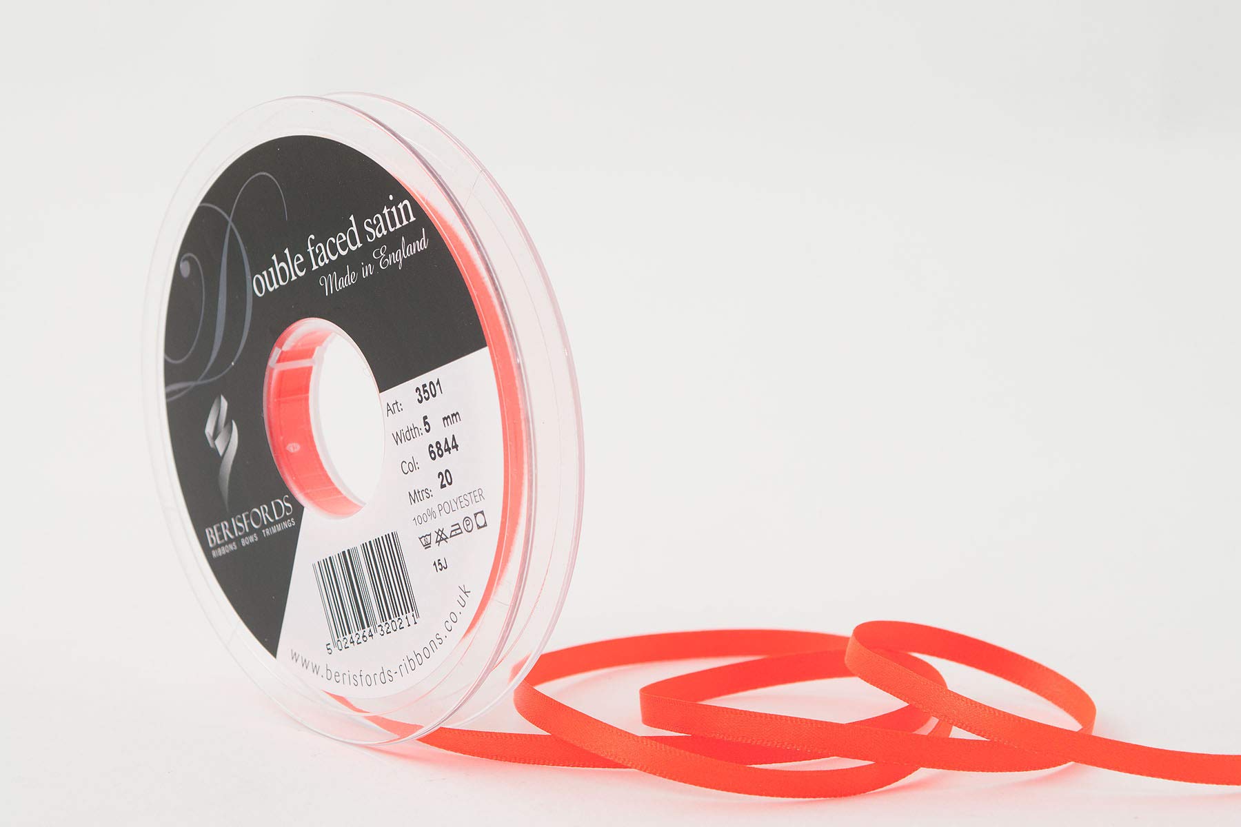 Berisfords Double FACE Poly Satin Ribbon, Flo Orange, 5 mm — image 1