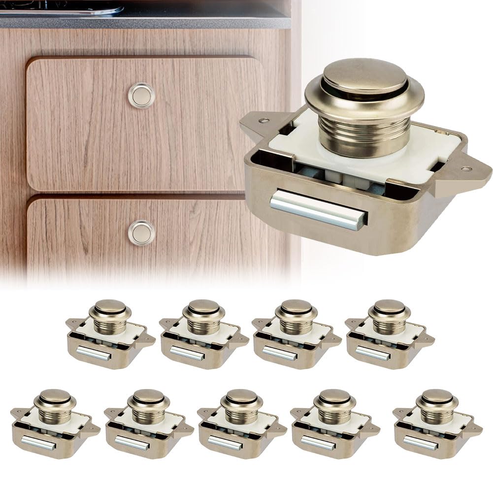 Opaltool 10pc Push Button Latch Catch Pop Up Cupboard Door Knob Latch Fit 15-18mm Thickness RV Boat Van Yacht Campervan Yacht Cupboard Door Cabinet