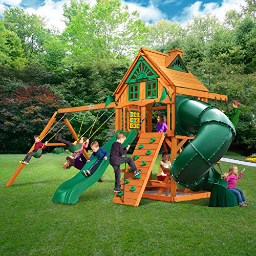 Gorilla Playsets 010053AP Mountaineer Treehouse Wood Swing Set with Wood Roof, Tube Slide, and