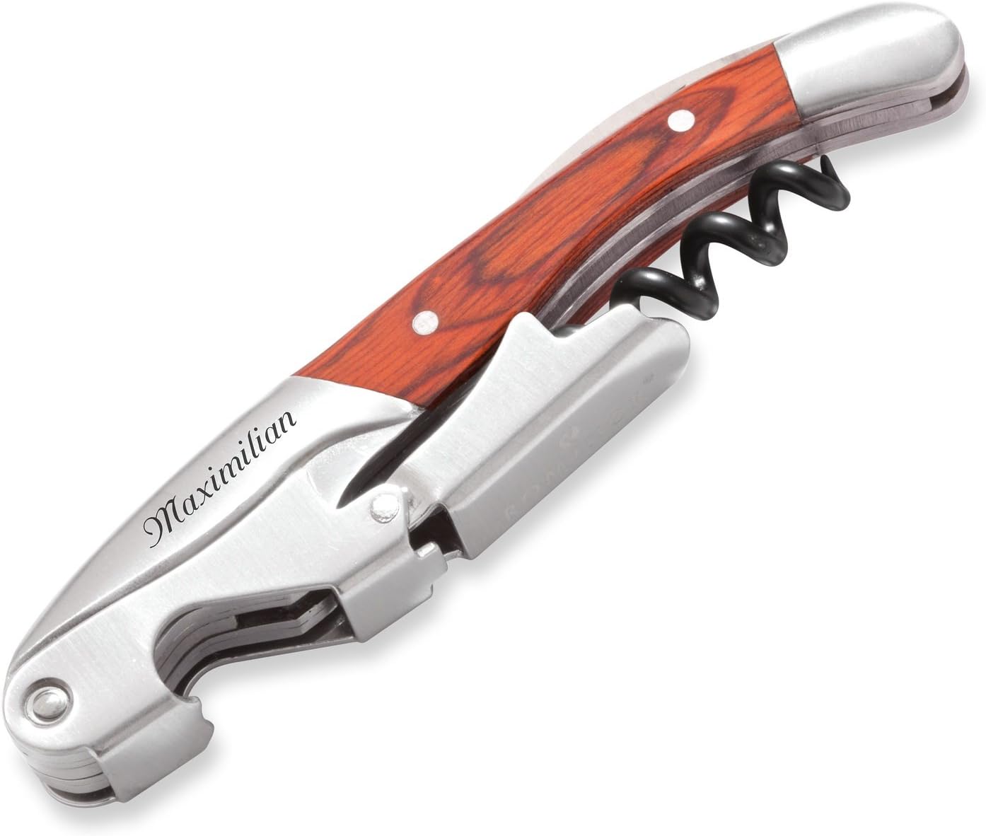 Rominox Sommeliermesser mit persönlicher Laser-Gravur Korkenzieher aus Stahl in Holzbox