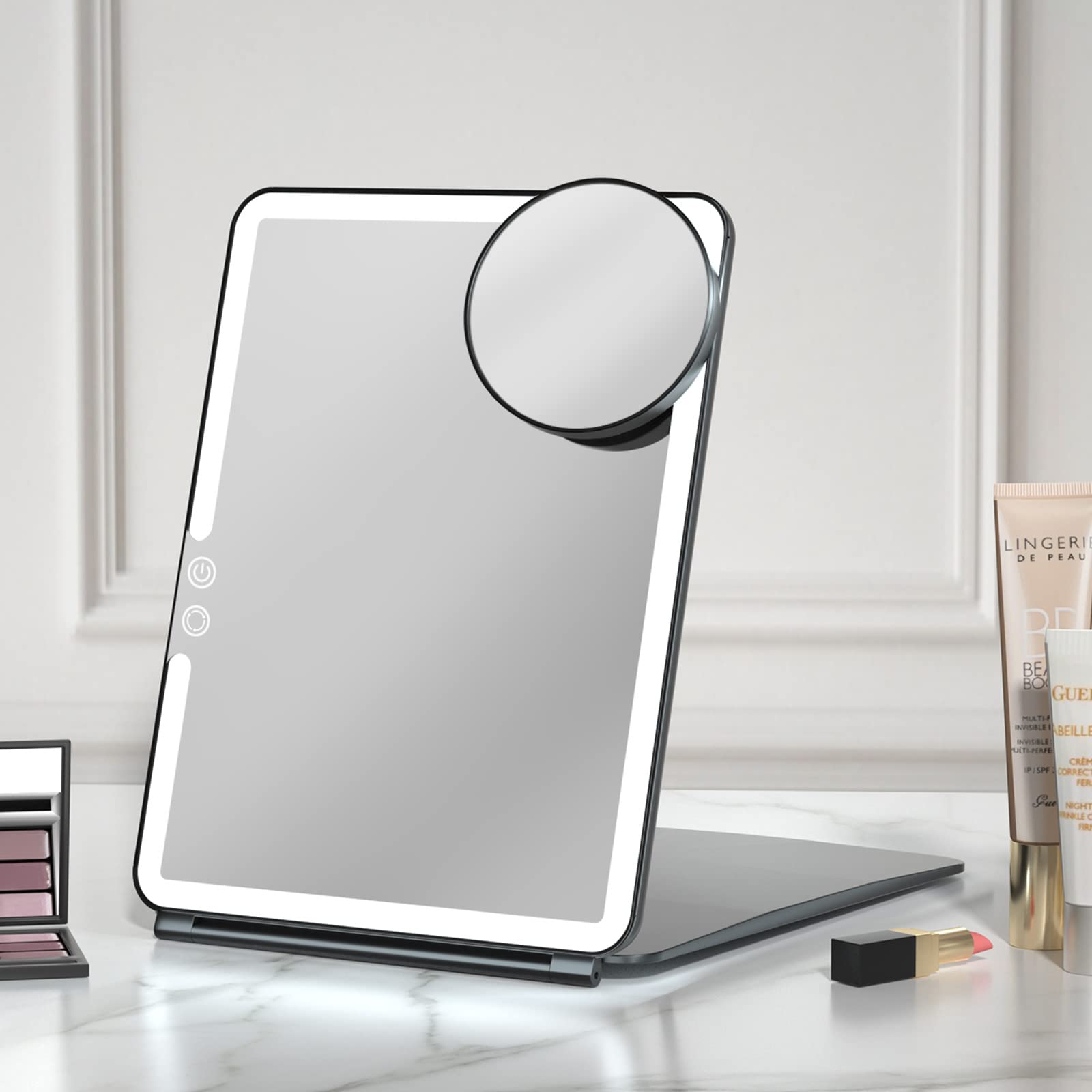 Photo 1 of FUNTOUCH 10x7.5 Portable Large Travel Makeup Mirror with Light, 1800mAh Rechargeable Lighted Travel Makeup Mirrors with 3 Color Lights, Dimmable Folding Light Up Make up Mirror with Small 10x Mirror