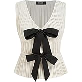 CIDER Bow Tie Front Tops Women Sleeveless Pleated Deep V Neck Tank Tops Going Out Casual Blouse Cute Trendy Shirts