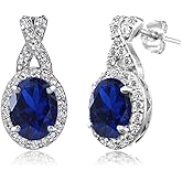Sterling Silver Genuine, Created or Simulated Gemstone & White Topaz Oval and X Drop Earrings for Women