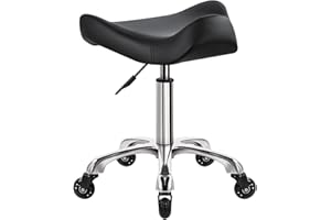 WKWKER Heavy Duty Rolling Stool with Wheels Hydraulic Swivel Adjustable Rolling Stool Ergonomic Thick Irregular Leather Seat Stool Chair for Kitchen Drafting Lab Office Salon Message Stool – Black