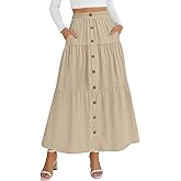 KUOTAI Womens Summer Boho Flowy Swing Maxi Skirt Tiered A-Line Elastic Waist Long Skirt with Pockets