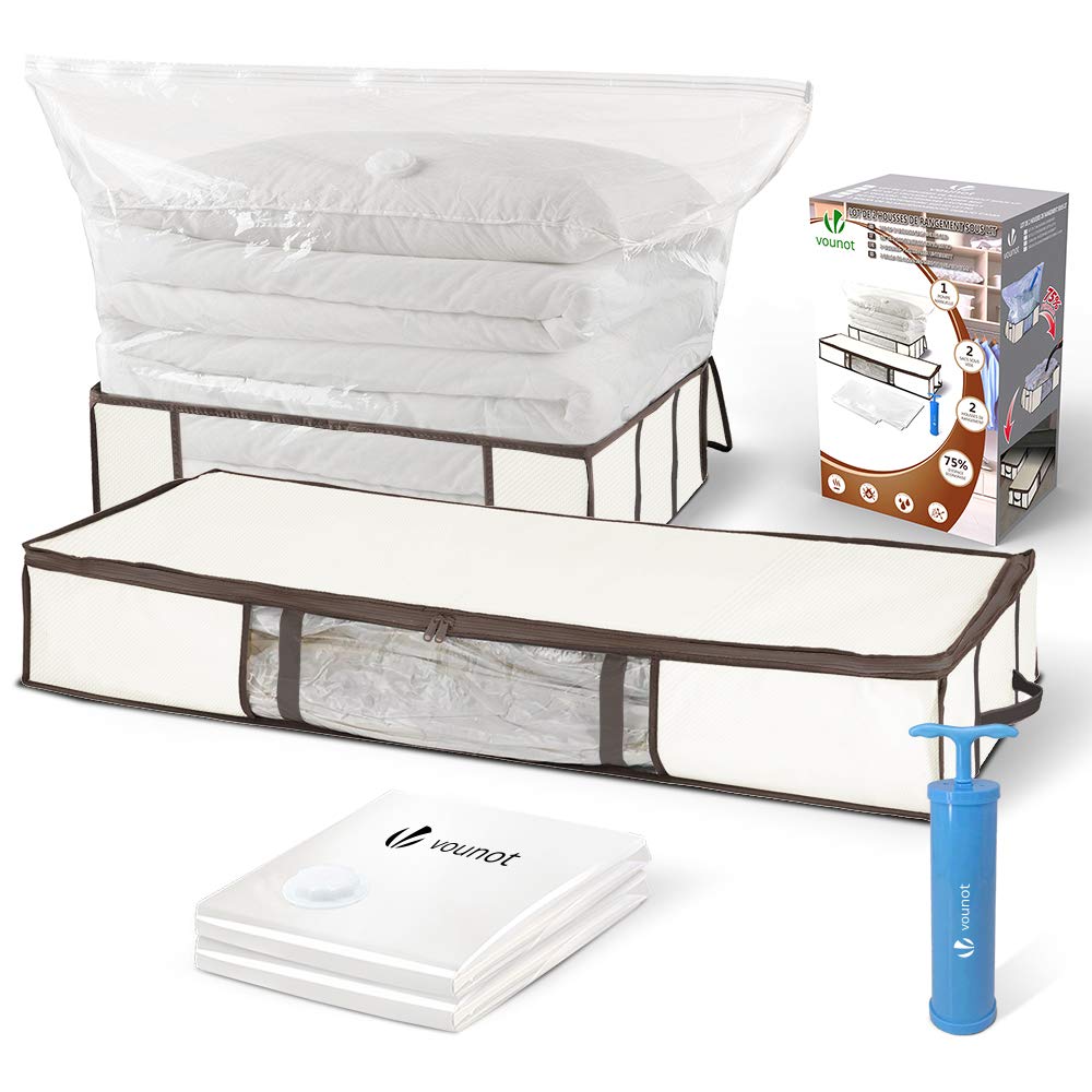 VOUNOT 2 Large Underbed Storage Bags and 2 Vacuum Storage Bags for Duvets, Clothes, Bedding, Pillows, Set of 4 with Pump, Beige